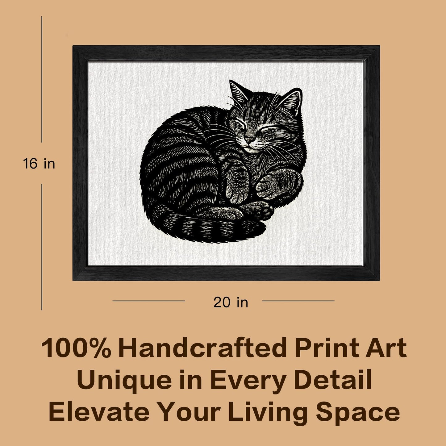 Caelumis Sleeping Cat Wall Art, Black and White Framed Cat Print, Woodcut Style Cat Wall Decor for Living Room, Bedroom or Office, 20 x 16 Inches
