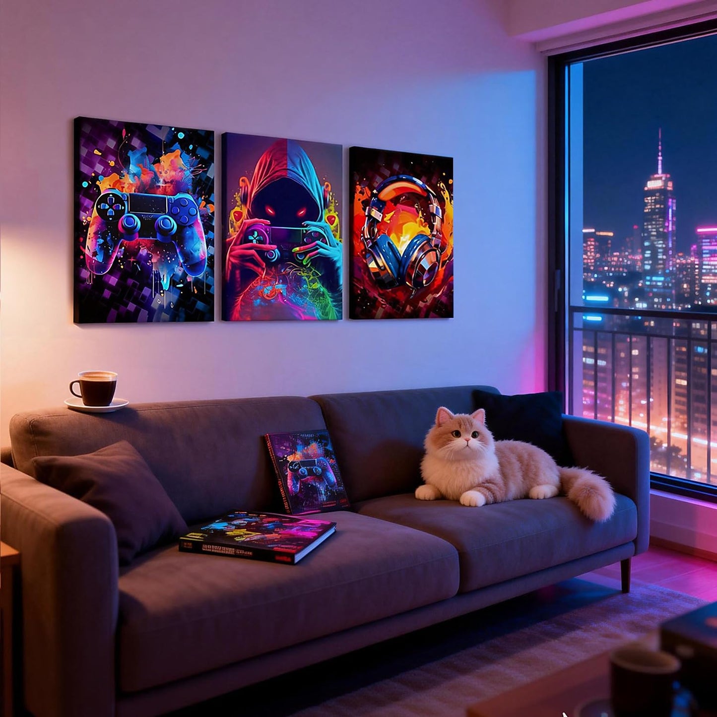 LYYGLYY 3Pcs Framed Cool Gaming Canvas Wall Art, Neon Video Game Printed Wall Art, Gamer Bedroom Artwork for Walls, Dazzling Headset Gamepad Poster Wall Decor for Gaming Room, Boys Room 12x16 Inches