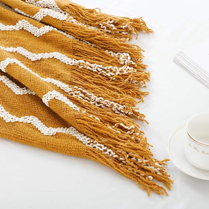 BOURINA Fluffy Chenille Knitted Fringe Throw Blanket Lightweight Soft Cozy for Bed Sofa Chair Throw Blankets, 60" x 80",Mustard
