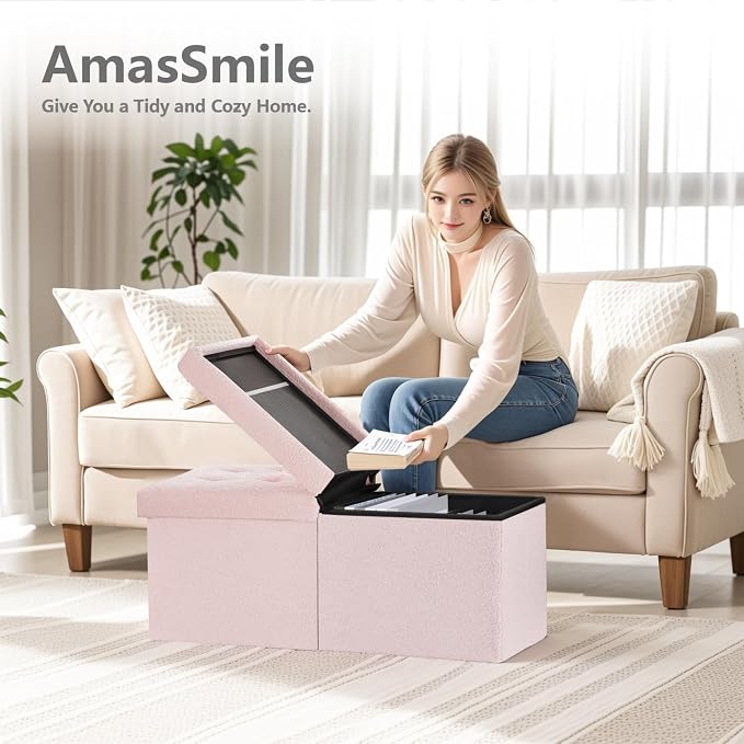 AmasSmile Footrest Ottoman Bench with Storage,34Inch Pink Teddy Velvet Footstool, Coffee Table, Padded Seat, Storage Chest,Blanket Store with Flipping Lid for Livingroom and Bedroom