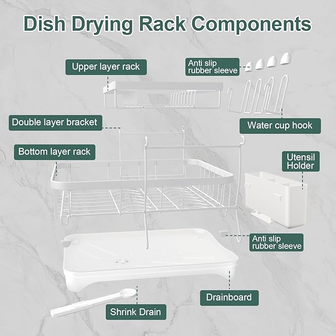 LIYI Dish Drying Rack,Large Dish Rack for Kitchen Counter,2-Tier Dish Racks with draining Tray,Detachable Capacity Dish Drainer Organizer,White