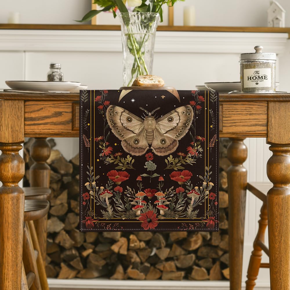 Artoid Mode Poppy Moth Mushroom Moon Fall Table Runner, Seasonal Autumn Kitchen Dining Table Decoration for Home Party Decor 13x72 Inch
