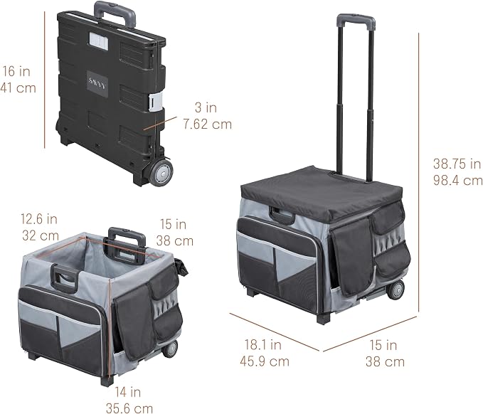 Mobile Folding Utility Cart with Canvas Storage Organizer Bag, Rolling Cart, Black/Grey