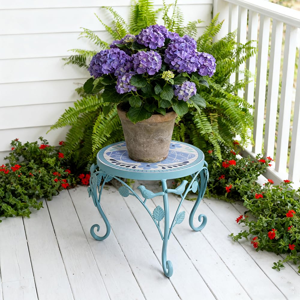 Rustic Metal Plant Stand Set of 2 Indoor & Outdoor Round Ceramic Top Butterfly Mosaic Planter Pot Stand Low Heavy Duty Flower Holder Rack for Patio Living Room Garden Farmhouse Accessory Decor Gift