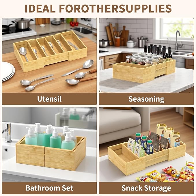 Retro Shaw Lid Organizer for Cabinet, Bamboo Expandable Kitchen Organizer with 3 Adjustable Dividers for Plastic Lids, Large Food Storage Container Lid Holder for Drawer, Countertop, Pantry
