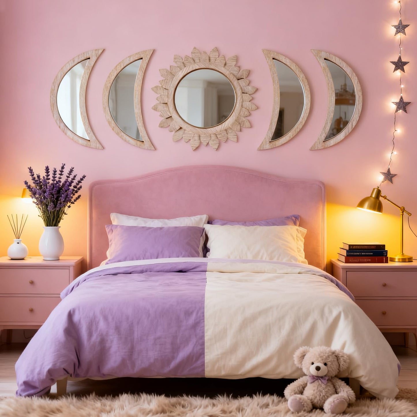 Cpcdaosk 5 Pieces Moon Phase Mirror Wall-Mounted Wall Decor Mirrors Natural Wooden Sunburst Bohemian Wall Art for Home Living Room Bedroom Decoration