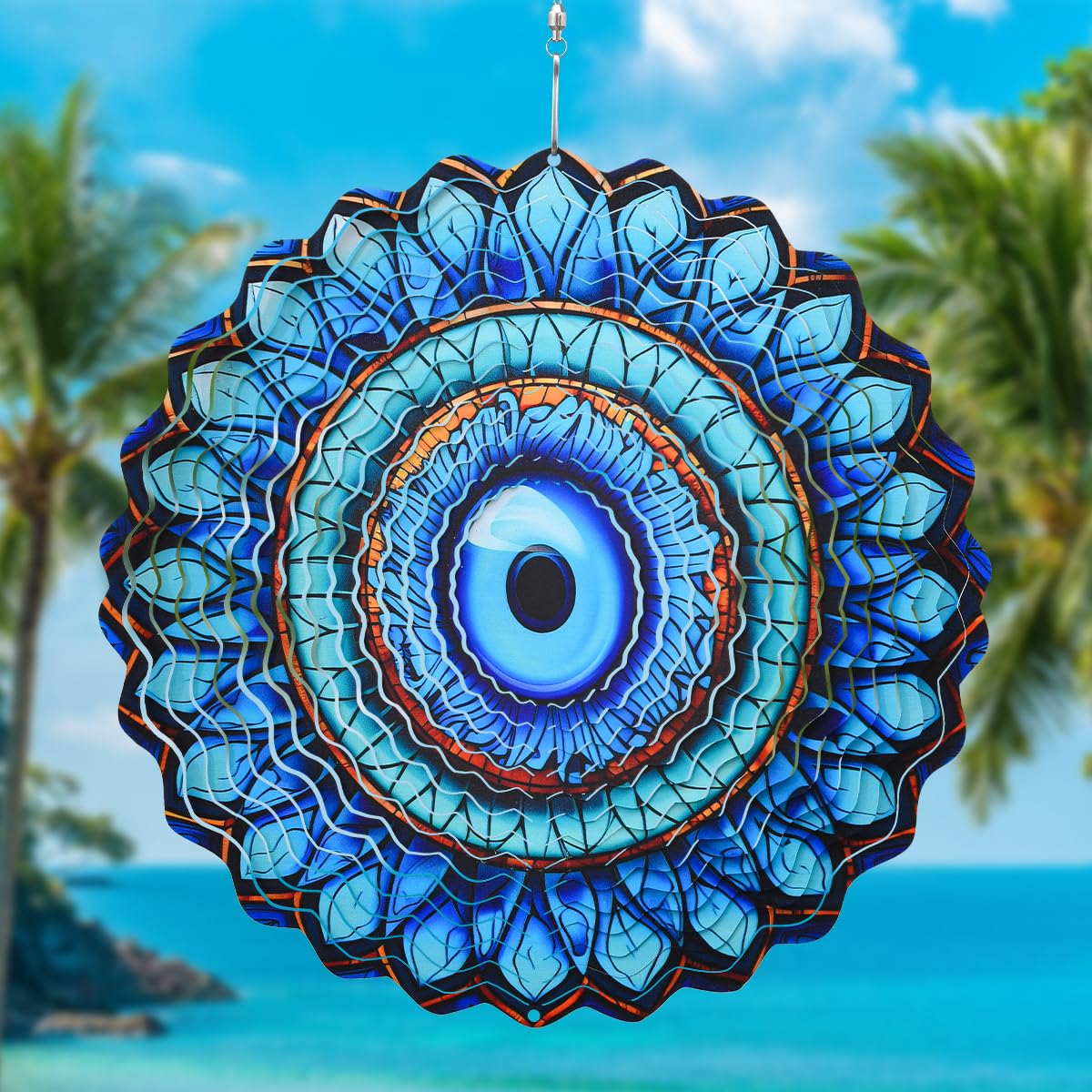 SAC SMARTEN ARTS 3D Wind Spinner Mandala 10 Inch Evil Eye Stainless Steel Wind Sculpture Blue Hanging Ornament Laser Cut Metal Art for Indoor Outdoor Garden Decoration Protective Amulet for Home Yard
