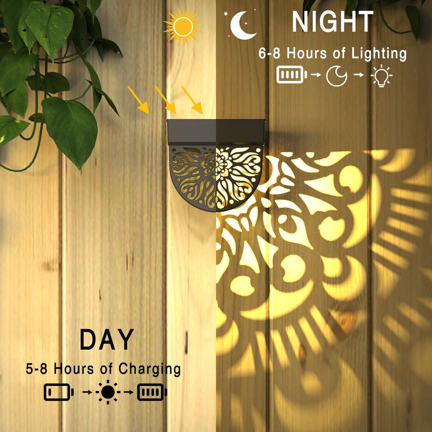 EKQ 6 Pack Solar Fence Lights Outdoor Wall Lights Black Plastic Solar Powered Deck Step Stair Lights Mandala Theme Waterproof Fence Solar Light for Garden Post Patio Backyard Yard Decor