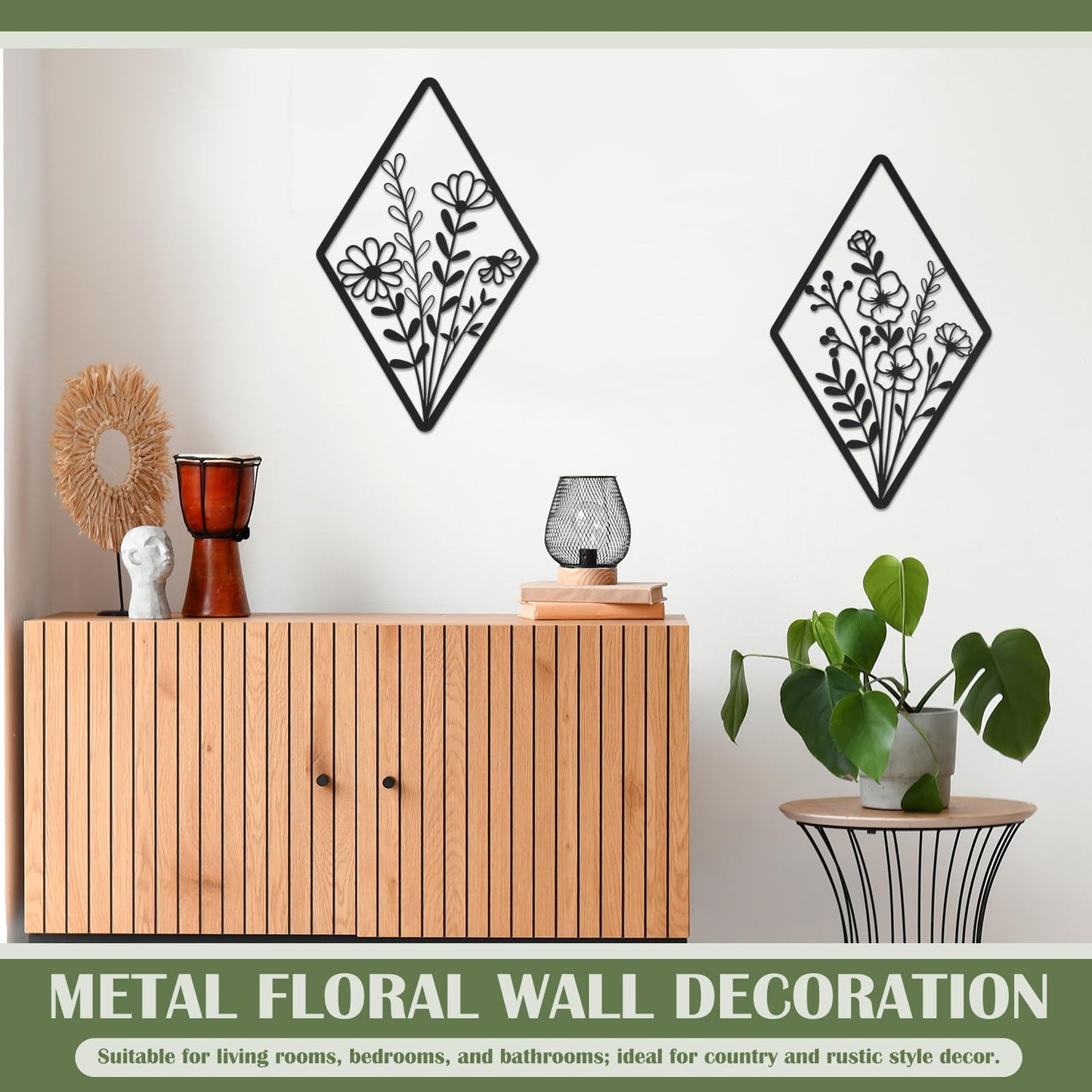 PullCrease 2 Pcs Metal Wall Art, Metal Flower Wall Decor, Modern Floral Art for Living Room, Bedroom, Bathroom, Rustic Farmhouse Decor, Sculpture Kitchen Decoration (Black)