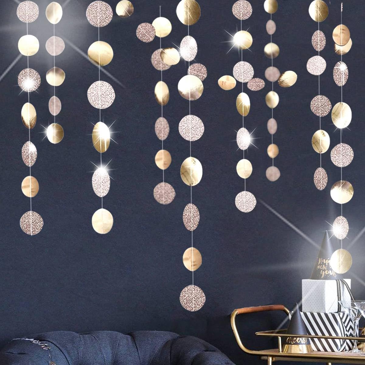 Shining Champagne Circle Dots Hanging Garland Sparkling Champagne Circle Dots Hanging Streamer Glitter Circle Bunting Banner Backdrop for Wedding Baby Shower Birthday Xmas Decor 40 Feet