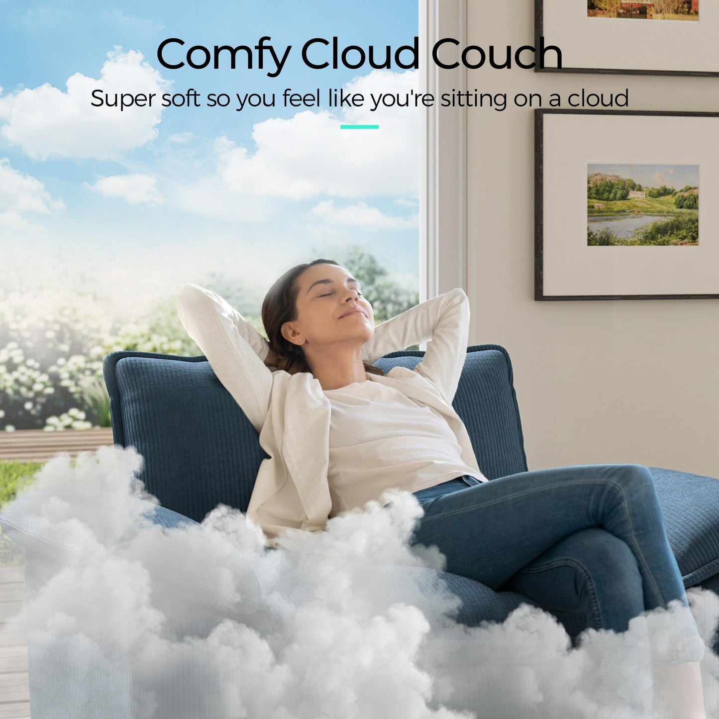 LINSY HOME 157'' Modular Sectional Sofa Blue Couch Corduroy Cloud Couches for Living Room, U Shaped Couch with Movable Ottoman, Modern Cloud Sectional Sofas for Bedroom and Apartment, Blue