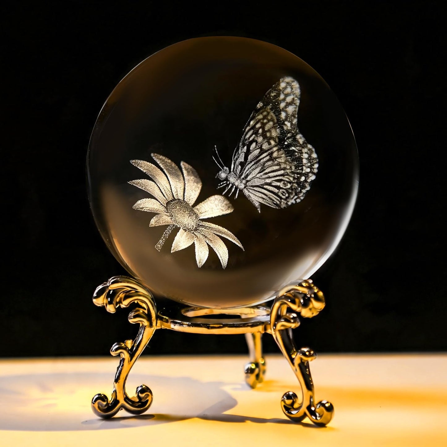 HDCRYSTALGIFTS 60mm Butterfly Crystal Ball Paperweight,3D Laser Engraved Butterfly on Sunflower in Glass Ball with Stand Decorative Glass Sphere Home Decor Gifts for Women Girls