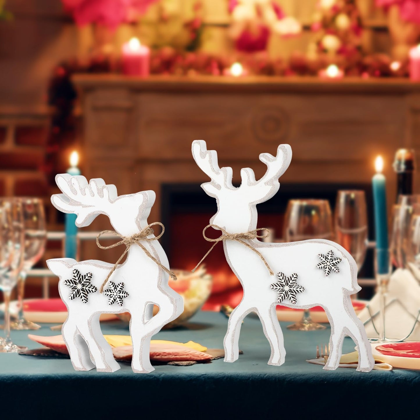 3Pcs Cute Christmas Tiered Tray Decor Indoor, Wooden Farmhouse Reindeer Christmas Tabletop Decorations Xmas Centerpiece, Rustic Reindeer Sign Standing Elk Decor for Home Shelf (White)