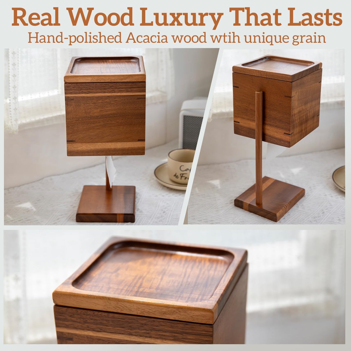 Wooden Tissue Box Cover Square - Acacia Wood Tissue Box Holder, Toilet Paper Holder Stand, Countertop Bathroom Accessories for Rustic or Modern Home