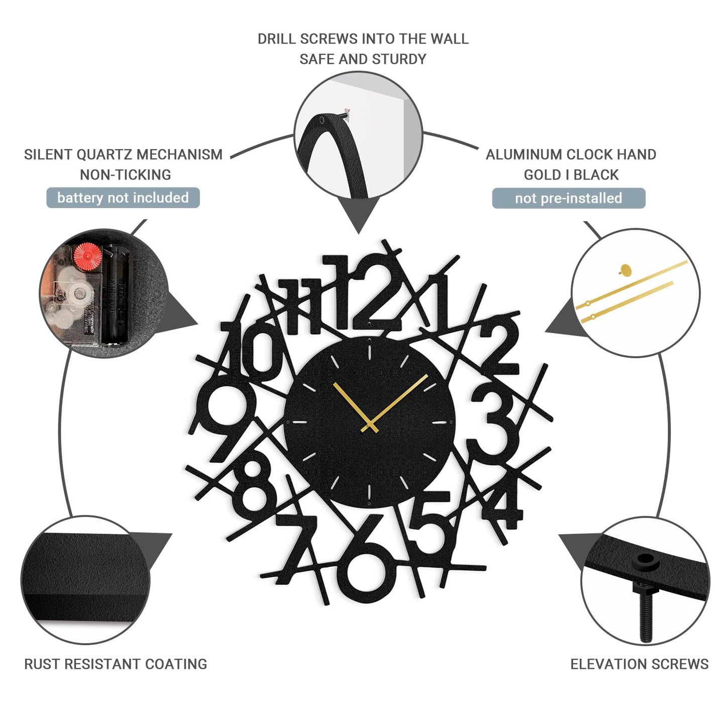 SIGNLEADER Metal Wall Clock Wall Art Decor, Big Black Numbers Wall Sculpture Clock Silent Battery Operated Hangings Home Decoration for Living Room, Bedroom, Kitchen, Bathroom - 36" Black