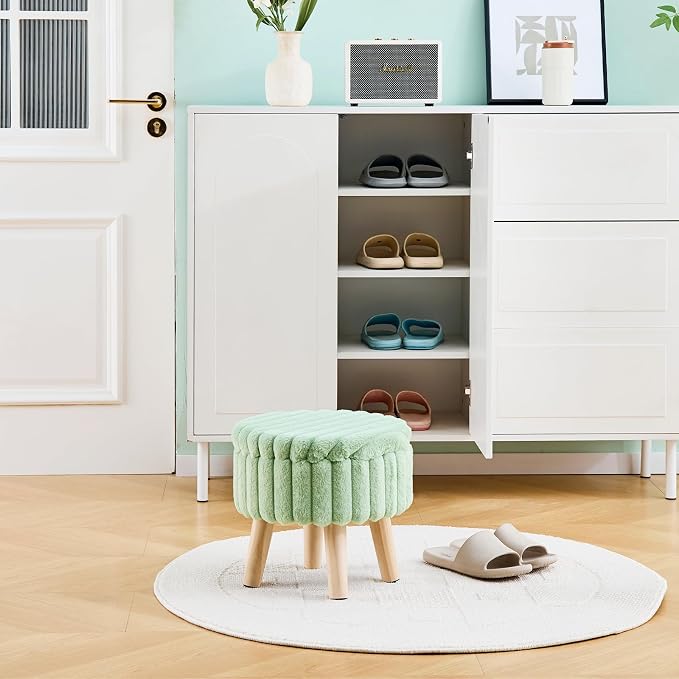 Wimarsbon Storage Ottoman, Modern Round Footrest with Soft Padded Seat, Teddy Velvet Footstool with Wood Legs, Accent Small Table or Plant Stand for Hallway, Living Room (Light Green)