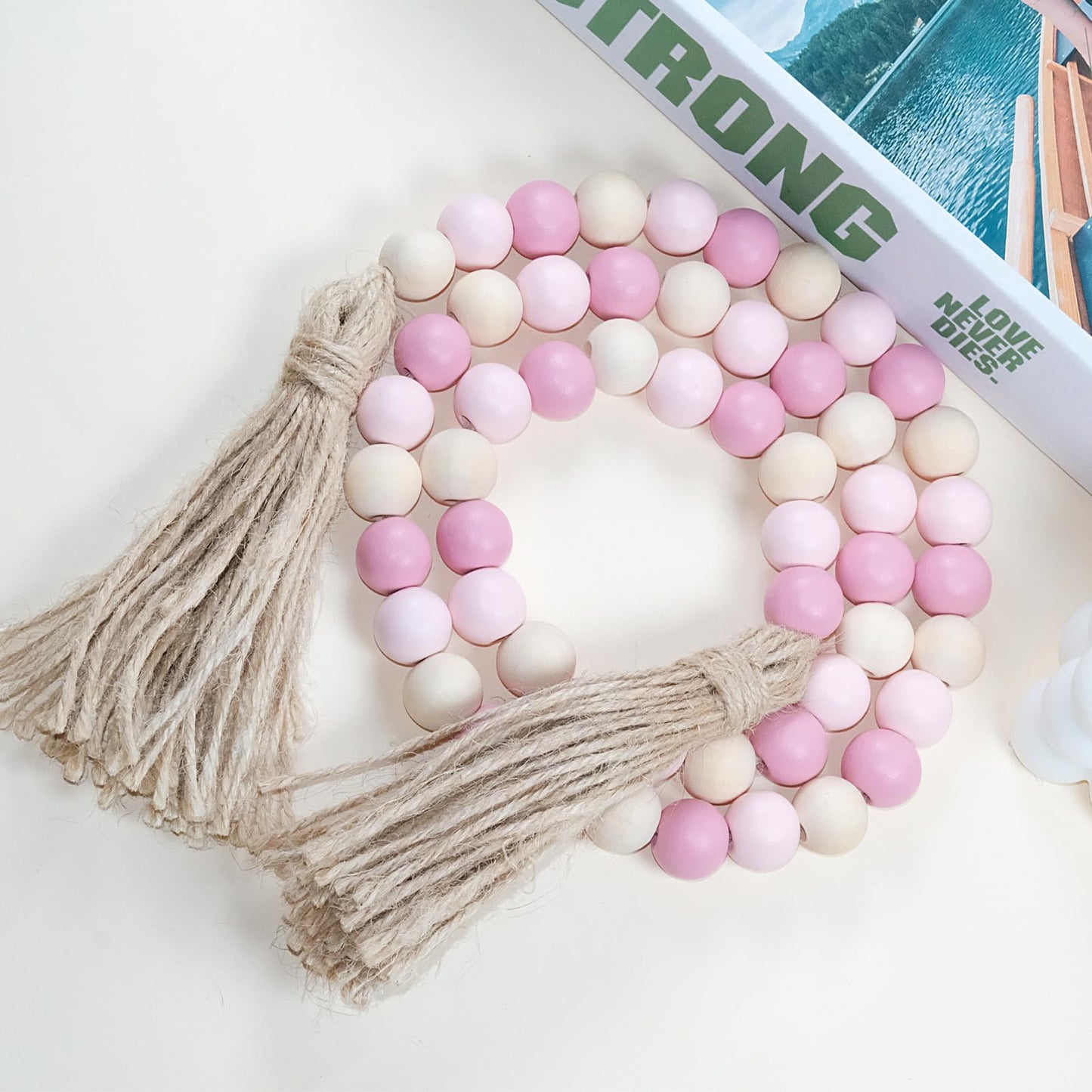 Wood Beads Garland with Tassels, 1 Pcs Farmhouse Rustic Country Decor Prayer Beads Boho Chic for Farmhouse, Wall Hanging, Home Decoration (Gold, 39 Inch)