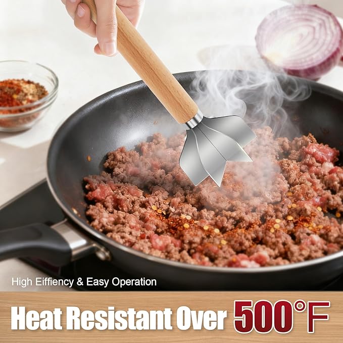 304 Stainless Steel Meat Chopper, 6-Blade Heavy Duty Ground Beef Meat Masher, 11 Inch Food Grade Hamburger Smasher Metal Kitchen Tool for Vegetable Puree Cooking