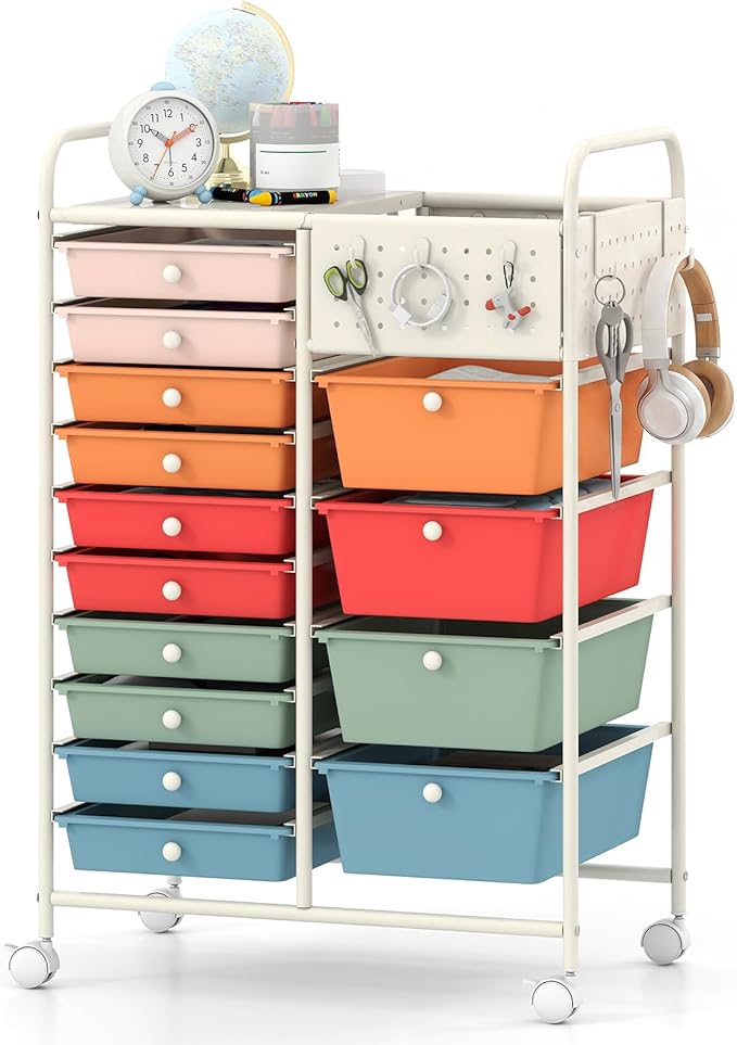 GOFLAME 14-Drawer Rolling Storage Cart with Pegboard, Craft Storage Cart with Lockable Wheels and Metal Frame, Art Cart Supply Storage Organizer for Home Office Classroom, Macaron Color