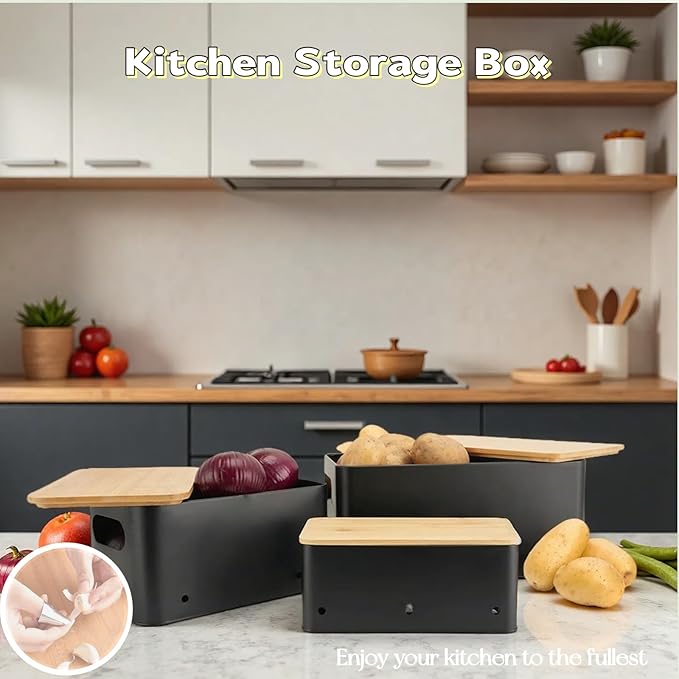 Modern kitchen storage container, stacked metal storage box, 3-piece set with wooden lid design, onion, garlic, potato metal cans, breathable storage box (Black)