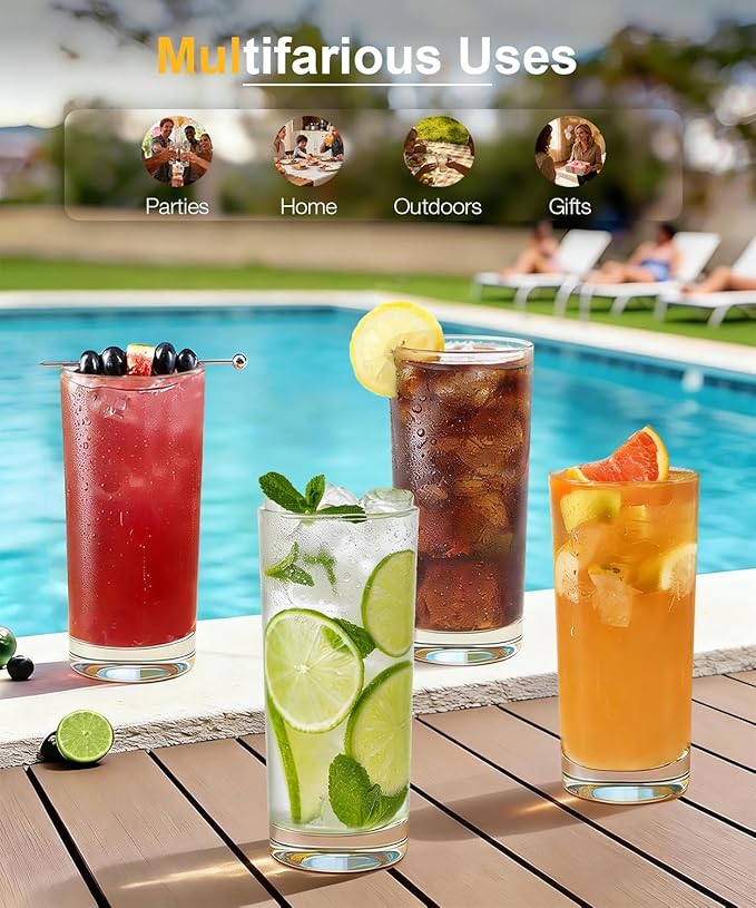 LUNA & MANTHA Drinking Water Glasses Set, Lead-Free Crystal Highball Glass, Tall Glass Cups for Cocktail Parties,Clear set of 12,16oz