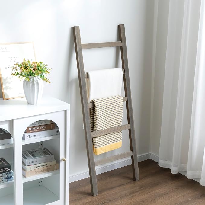 MyGift 54 inch Tall Fully Assembled Wood Blanket Ladder, 5-Tier Wall Leaning Towel Rack, No Assembly, Gray
