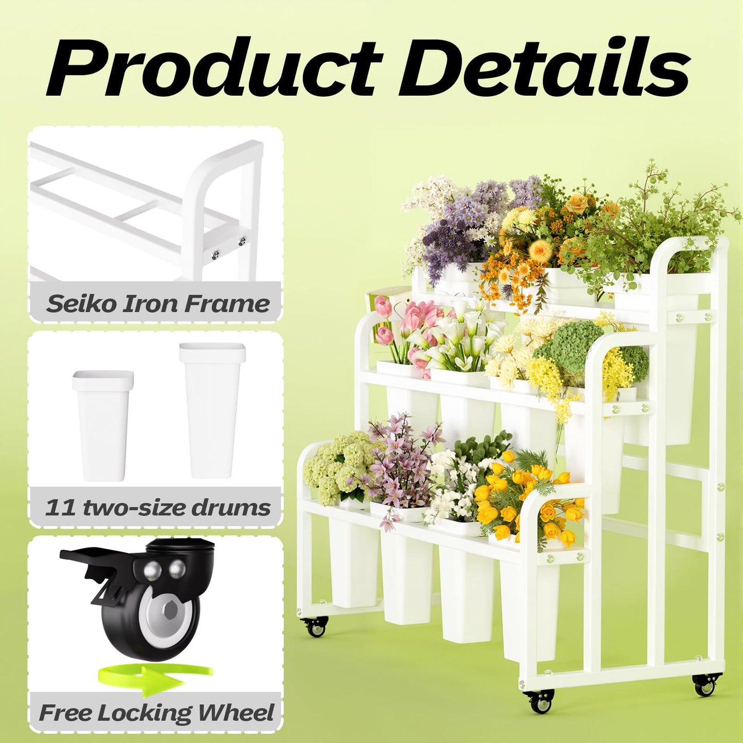 GVRVHJS Flower Display Stand with 11 Buckets, Moving Florist Bouquet Shelf, Upgrade 360° Swivel Wheels and Brake, Flower Cart 3 Layers for Indoor, Outdoor Patio Garden, Living Room, Florist (White)