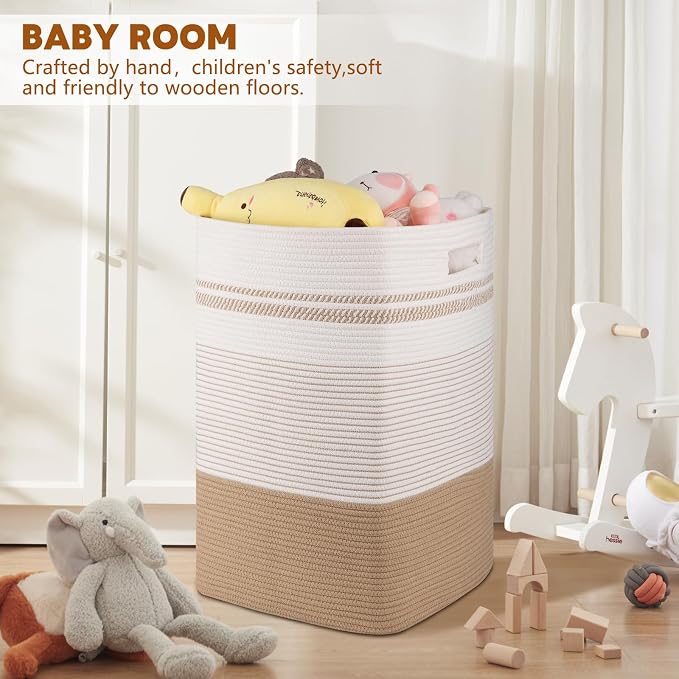 96L Extra Large Cotton Rope Laundry Basket for Bedroom & Laundry Room, Tall Clothes Hamper with Sturdy Handles, Neutral Storage Bin Capable of Holding Blankets and Toys