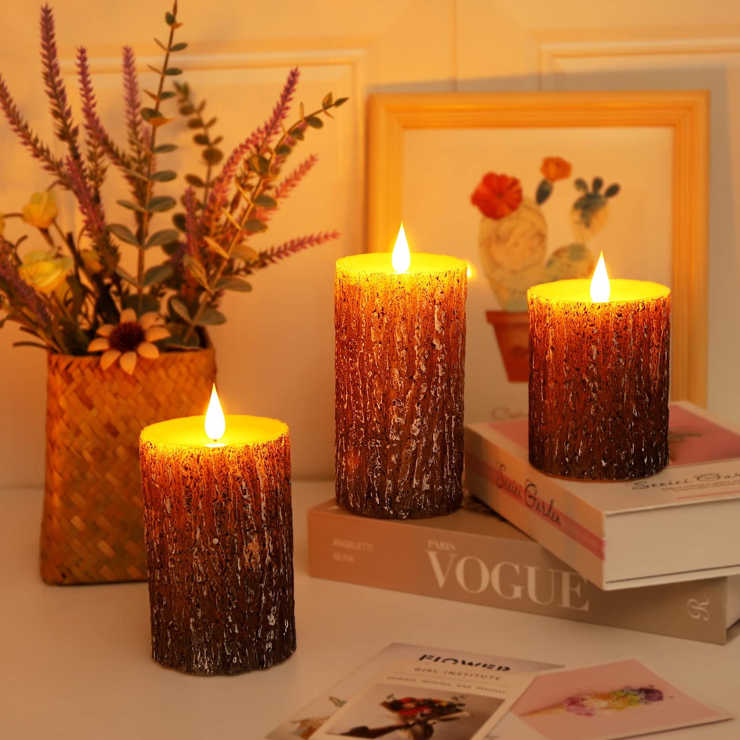 Enpornk Flameless Candles Battery Operated Pillar Pine Effect Real Wax Flickering 3D Wick Electric LED Decorative Candle Sets with Remote Control Cycling 24 Hours Timer, 4" 5" 6" Pack of 3
