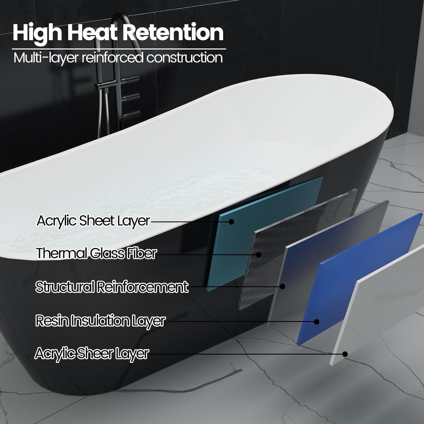 Freestanding Bathtub 67 inch Black and White Acrylic Tub, Modern Deep Soaking Bath for Bathroom Renovation and Home Spa Comfort