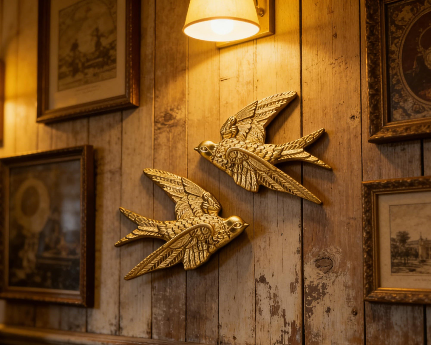 AMOIENSIS Bird Wall Sculpture Art, (Set of 2) 4¾ inch Resin Gold Bird 3D Sculpted Floating Hanging Wall Sculpture Decoration