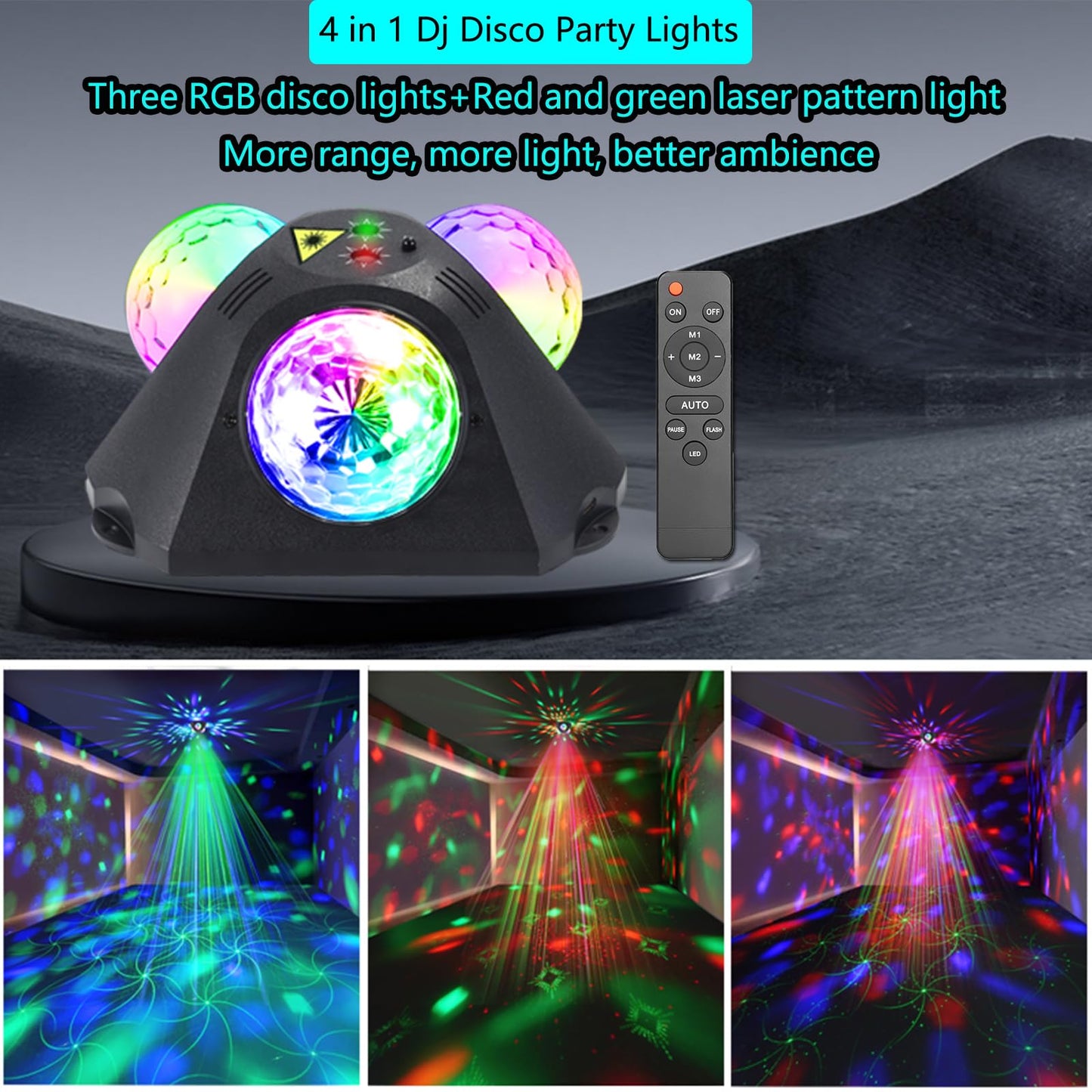 Yinpkteo 4 in 1 Disco Ball DJ Party Lights, 3 RGB Disco Lights+Red and Green Pattern Lamp Strobe Lighting for Home Room Dance Parties Birthday Karaoke Halloween Christmas Wedding Show Club Decorations