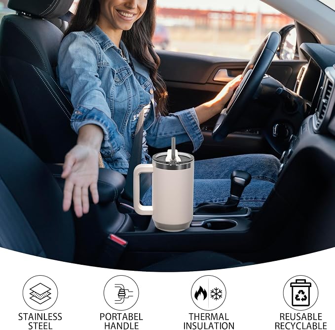 30 oz Tumbler with Handle,Tumbler with Lid and Straw,Double Wall Insulated Cup Stainless Steel Travel Mug(Cold for 34 Hours),Water Bottle for Iced Tea,Coffee,Cold Beverages(Ivory Beige)