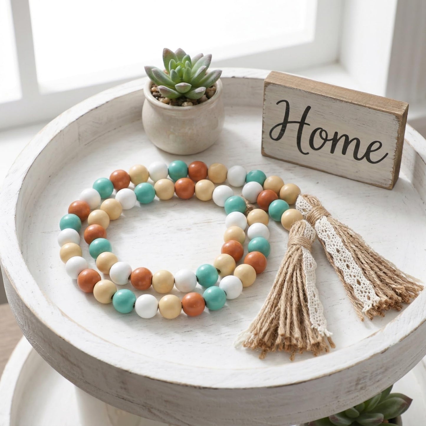 TOPPERFUN Wood Beads Garland with Tassels, 42.4in Farmhouse Rustic Style Colorful Wood Beads String, Large Antique Wooden Prayer, Boho Home Festival Decor Garland Rosary Rope