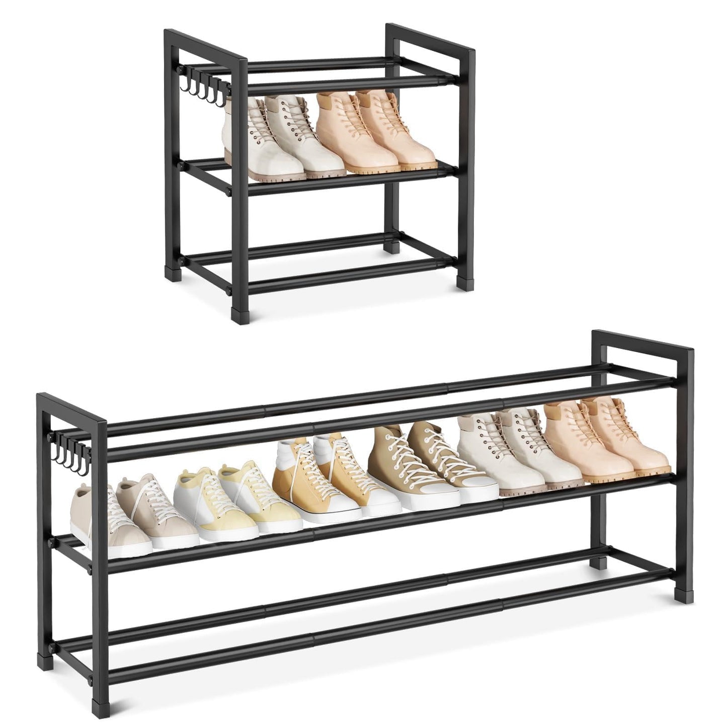 VGOBLO Expandable Shoe Rack - 18.5''- 47'' Adjustable Shoe Rack for Closet, 3 Tier Long Shoe Shelf Storage for 18 Pairs Shoe and Boot, Sturdy Metal Shoe Organizer for Entryway, Garage, Black