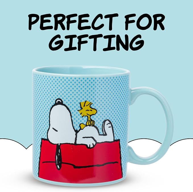 Silver Buffalo Peanuts Snoopy and Woodstock on House Blue Dot Background Ceramic Coffee Mug, 20 Ounces