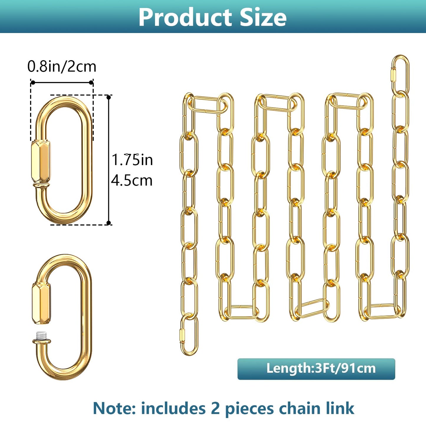 garini 3 Feet Gold Light Fixture Chain, Metal Pendant Chandelier Chain, with 2 Peice Detachable Link
