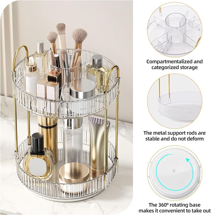 360° Rotating Makeup Organizer, Large-Capacity Skincare Make Up Storage 2 Tier Perfume Organizers Cosmetic Dresser Organizer with Makeup Brush Holder, Fits Bedroom, Bathroom, Vanity Shelf Countertop