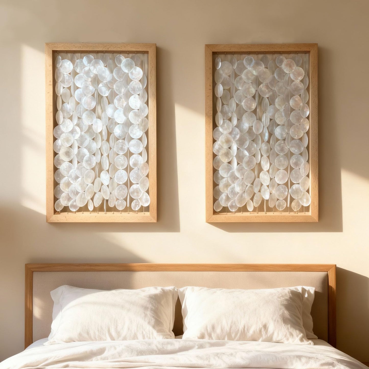 Vechor Handmade 24"x15.7" Capiz Shell Wall Art, Coastal Beach Décor，Solid Wood Frame, Natural White Seashell Hanging for Living Room, Bedroom, Office