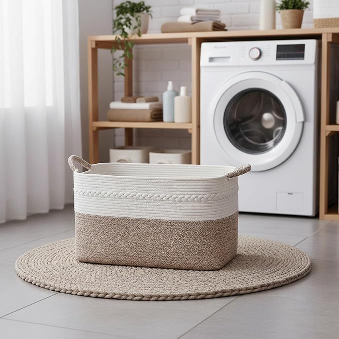Large laundry basket woven from natural cotton rope with handles storage blankets for living rome big decorative quilted baskets for clothes toys pillows hamper 22"x14.6"x12" white/brown