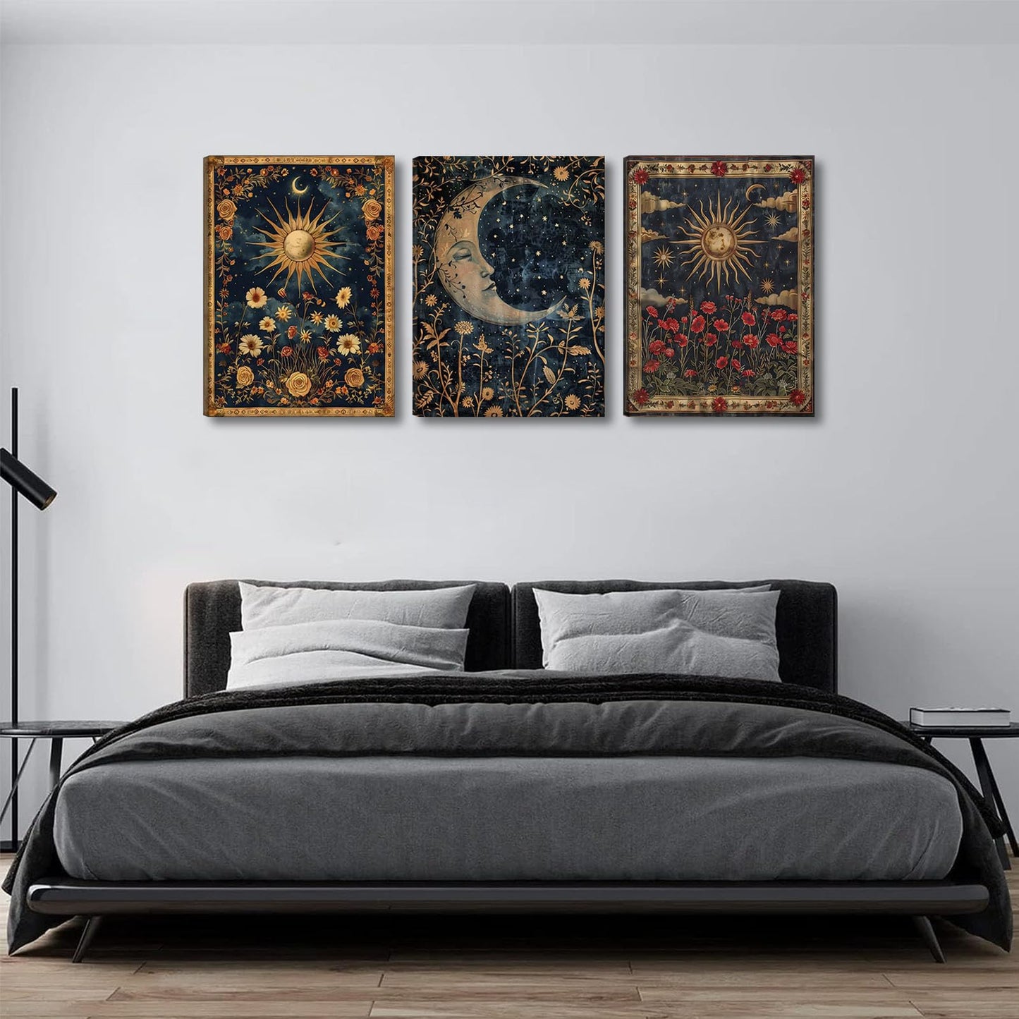 3pcs Sun and Moon Celestial Canvas Wall Art Tarot Crescent Moon Picture Wall Decor Gothic Wildflowers Painting Posters Print Artwork Aesthetic Dark Academia Vibe for Bedroom Home Decor(12x16in canvas)