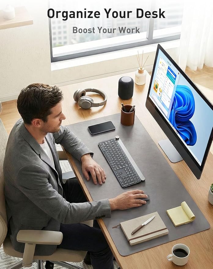 Aothia Faux Leather Desk Mat - Non-Slip PU Leather Desk Blotter, Waterproof Writing Surface, Large Desk Pad for Office & Home (Light Grey, 55" x 24")