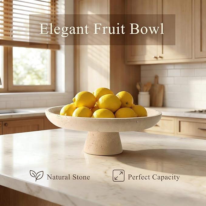 YMXYJM Natural Travertine Fruit Bowl for Kitchen Counter, Large Decorative Bowl for Kitchen Counter/Living Room/Dining Table/Entryway, Beige