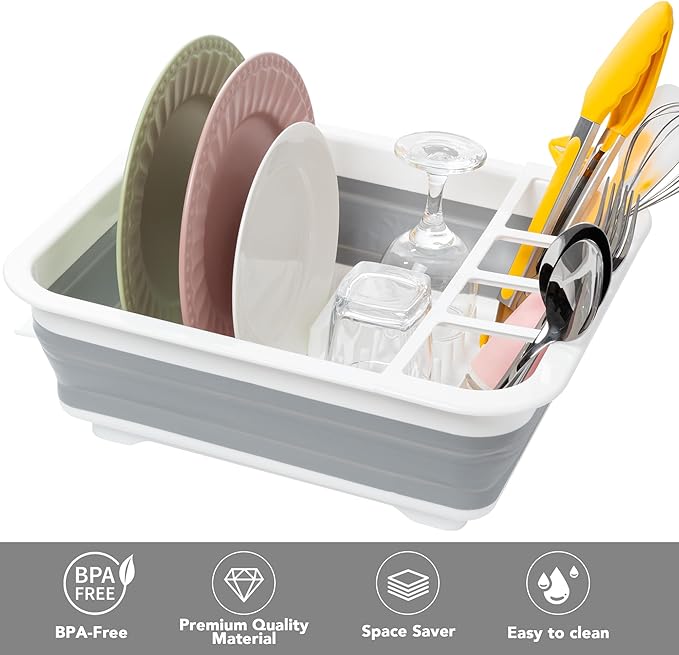 Tiawudi Collapsible Dish Drying Rack, Pop Up Dinnerware Drainer, Portable Plate Organizer for Kitchen RV Campers Travel Trailer, Space Saving Kitchen Storage Tray