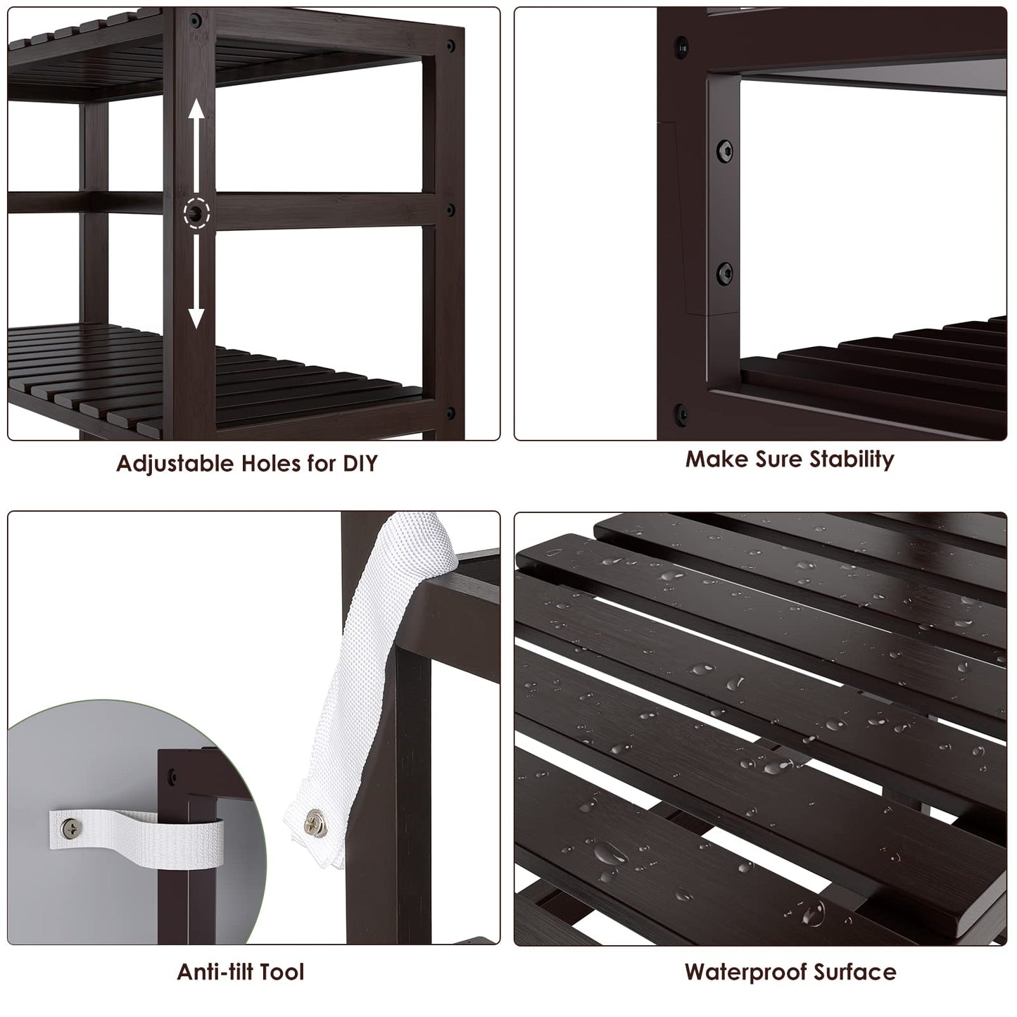 Bamjoy Bamboo Shelf, 6 Tier Bookcase Storage Shelves, Tall Book Rack Shelving Unit, Multipurpose Storage Display Shelf Adjustable Storage Rack for Bathroom Home Office Living Room Kitchen, Dark Brown