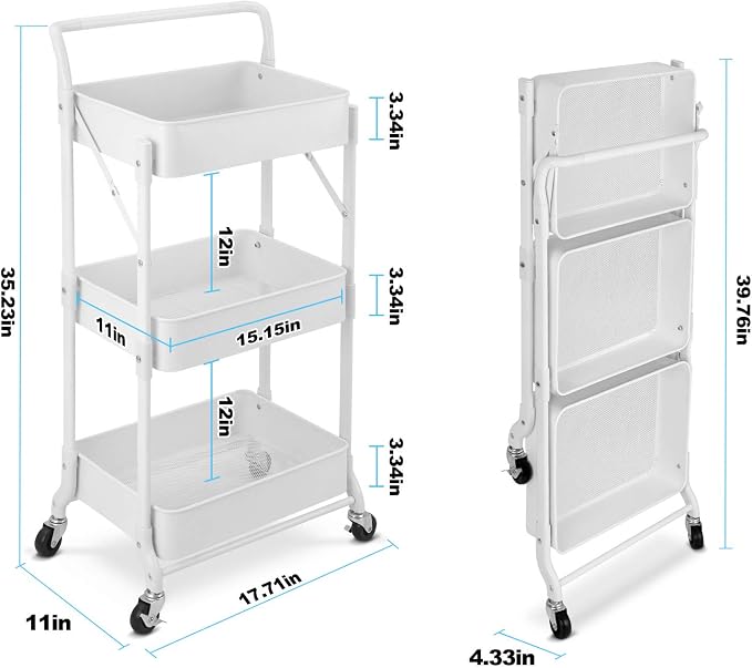 Foldable 3 Tier Metal Utility Rolling Cart, Folding Mobile Multi-Function Storage Trolley Organizer Cart for Home Library Office(White)