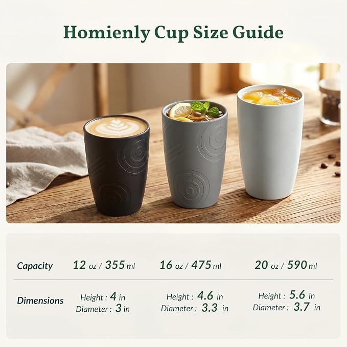 Homienly Drinking Glasses 16oz Wheat Straw Cups-Stackable and Reusable Cups, Alternative to Plastic Cups for Iced Coffee, Smoothies,Iced Tea-Black Grey