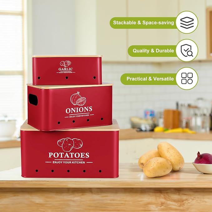 Kitchen Vegetable Storage Set of 3, Metal Onion Garlic Potato Storage Set, Kitchen Canisters Vegetable Keeper Containers with Aerating Holes and Bamboo Lid，Red