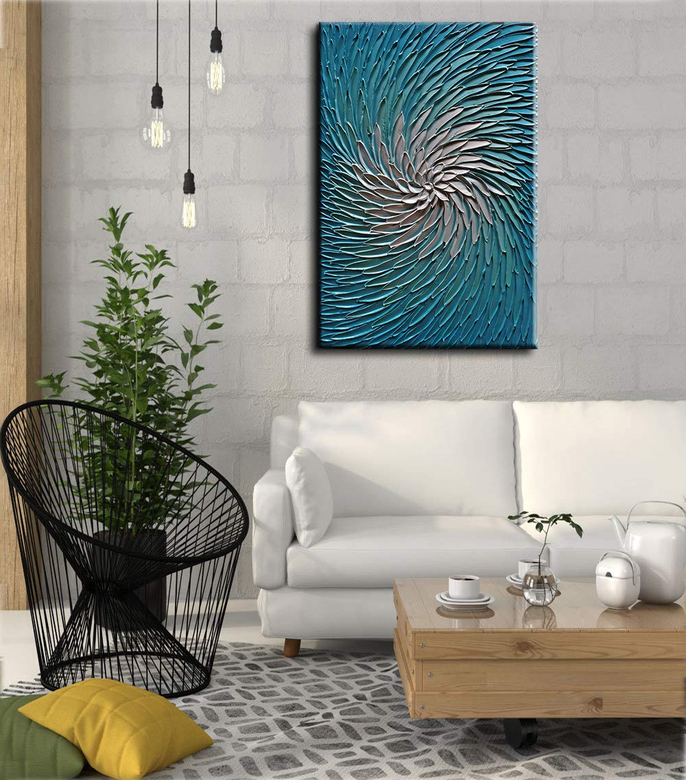 YaSheng Art - 24x36inch Wall Art 3D Vertical Wall Art ,100% hand painted Modern Abstract Wall Art ,Oil Painting Blue and Silver Canvas Wall Art Artwork ,Wall Art for Living Room, Bedroom Wall Decor,Office Wall Decor Home ,Framed Wall Art