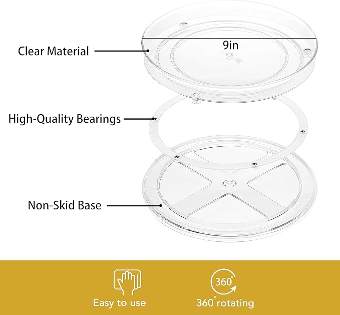 URALFA 9 Inch Lazy Susan Spice Rack Organizer, 360 Degree Rotating Round Lazy Susan Turntable for Cabinet, 2-Pack, Clear